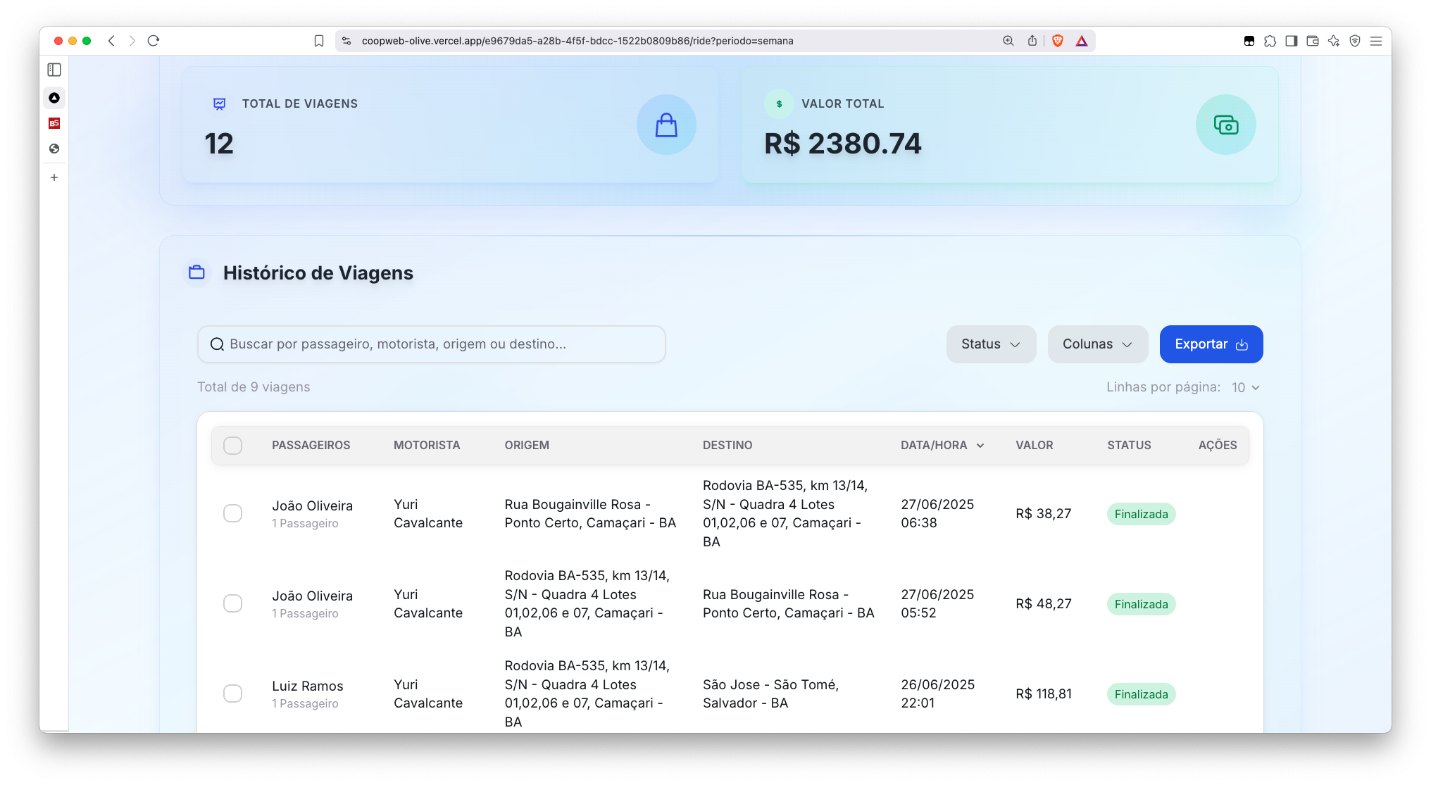 Histórico de Viagens